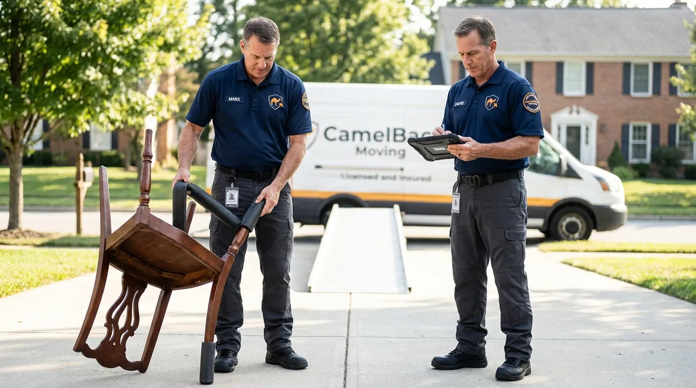 Movers inspecting furniture for damage prevention before loading in Presque Isle, ME