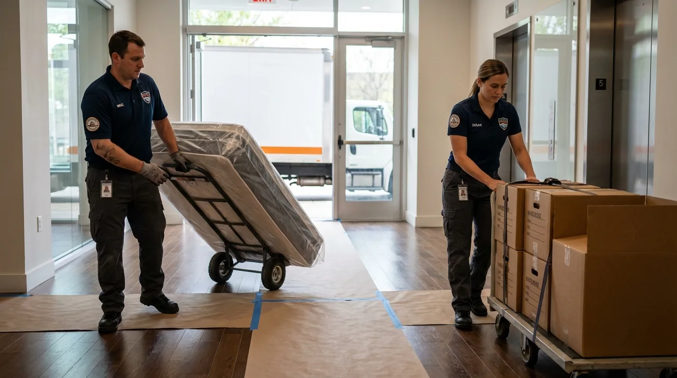 Professional apartment movers loading elevator in Presque Isle, ME
